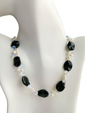 Black Czech Pressed Glass Beads Freshwater Pearls Opalite Necklace